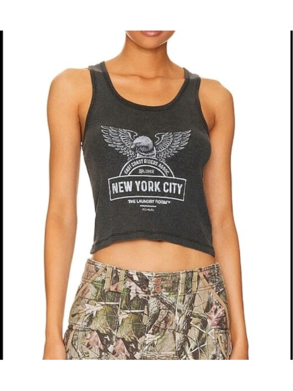 The Laundry Room NYC Riders Graphic Ribbed Tank Top Charcoal Gray Sz S NWT Eagle
